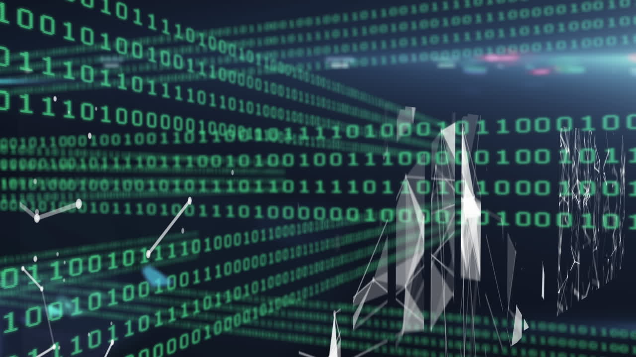 animación de código binario y formas en fondo marino