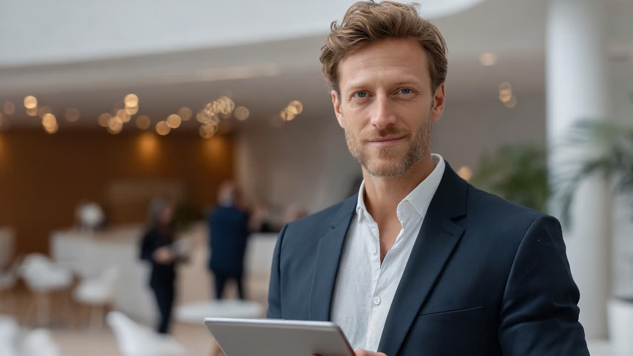 Confident Businessman Holding Tablet in Modern Workspace, Exuding Professionalism and Charisma While Engaging with Colleagues in a Contemporary Environment