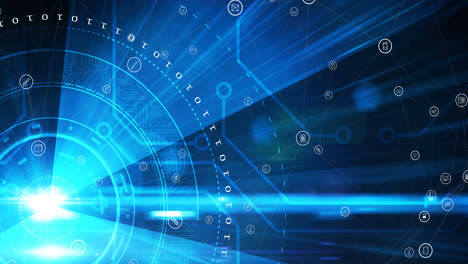 animation of network of connections with digital icons over scope scanning in background