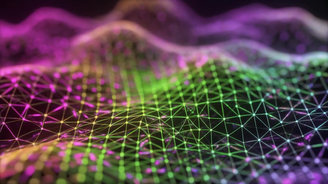 Abstract Digital Waveform with Glowing Neon Mesh Network