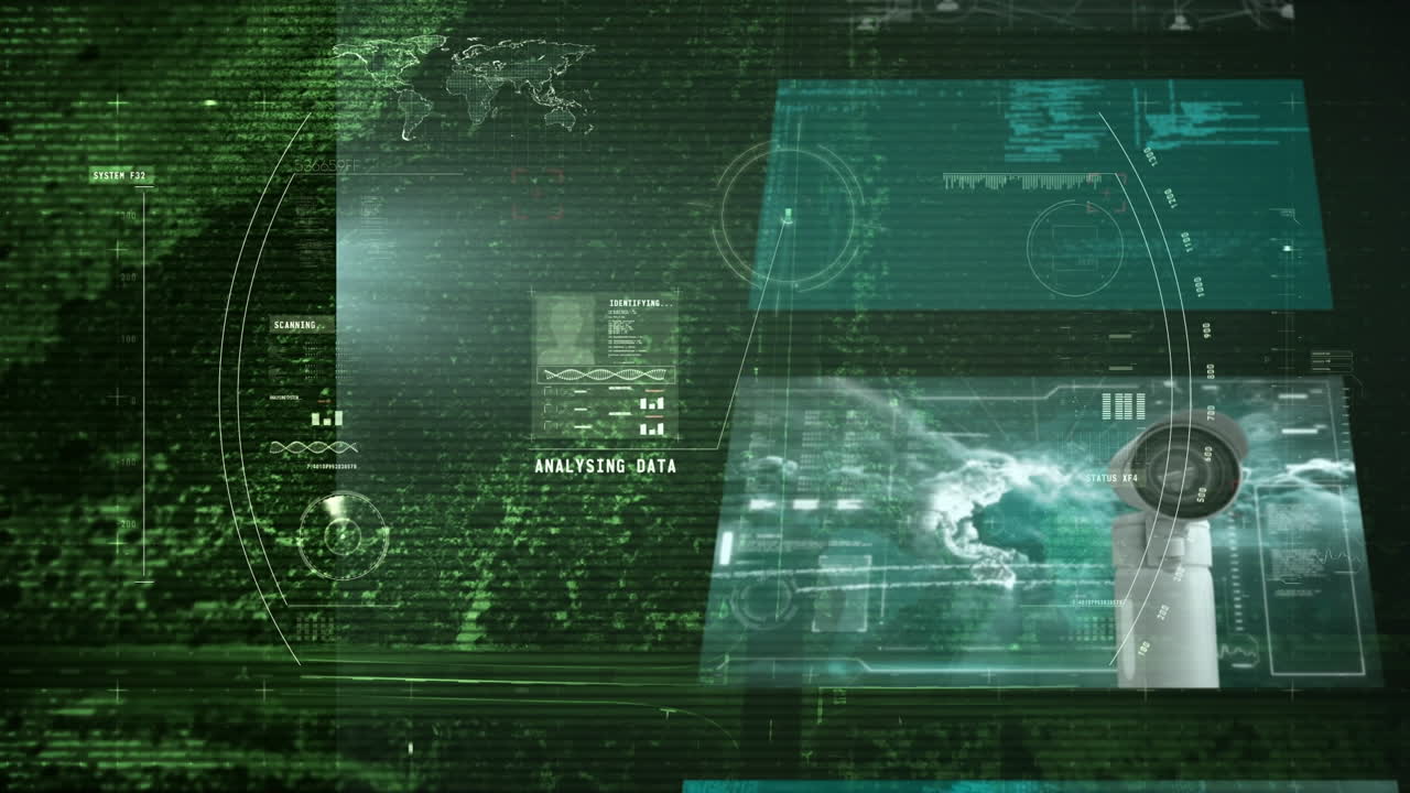 Animation of scope scanning and data processing over cityscape