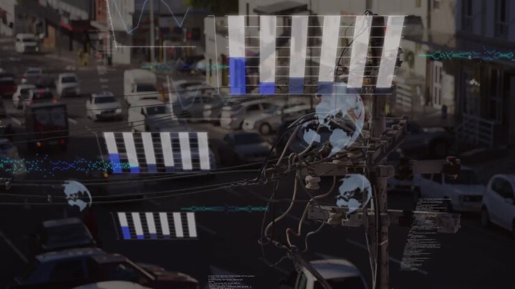 Animazione di elaborazione dati statistici su sfondo di vista aerea del traffico cittadino