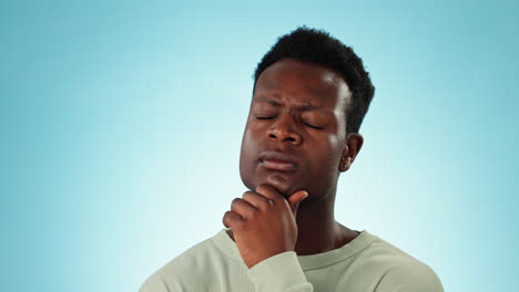 Thinking, confused and black man with solution