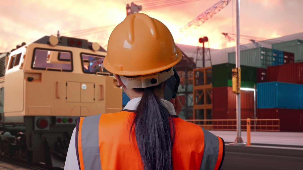 Close Up Back View Of Asian Female Engineer With Safety Helmet Talking On Smartphone With Freight Cargo Train At Port