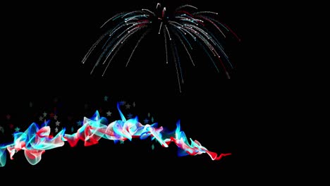 red, white and blue ribbon or abstract particle waves float through the scene as a patriotic firework explodes overhead - copy space