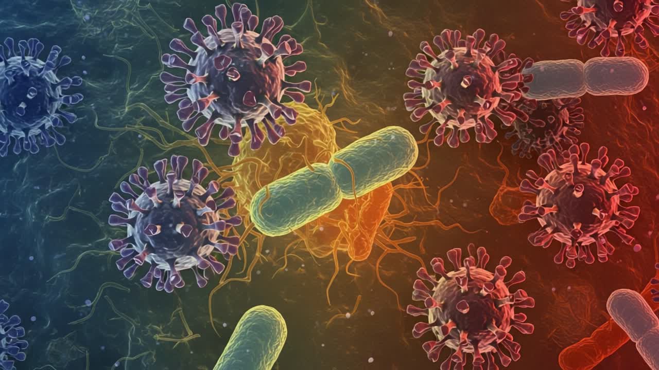 Microscopic Visualization of Pathogen Interaction: Examining Bacterial and Viral Structures in a Colorful Animated Environment