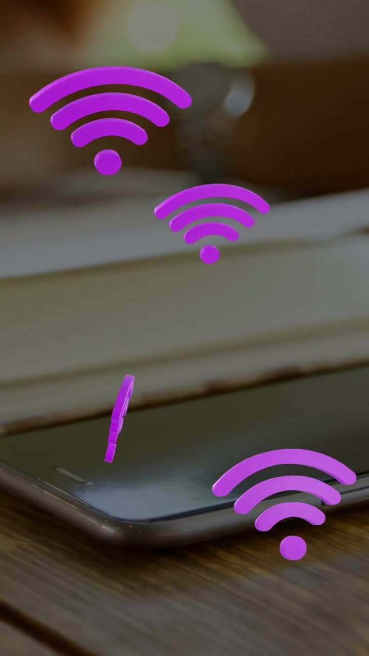 Vertical video: Phone on desk pink WiFi icon popping making icons moving around female arm for tech