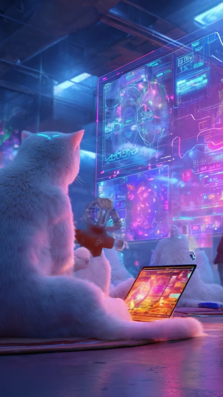 A futuristic scene featuring a white cat sitting in front of a glowing interactive display, surrounded by vibrant colors and a digital environment brimming with technology