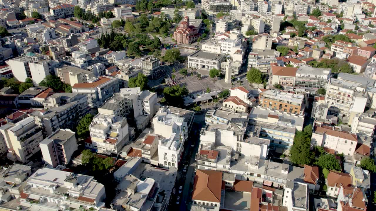 Xanthi Thrace Greece, Aerial Video, City Center Central Plaza and Clock Tower View