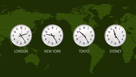 4k business clock counting down 12 hours over 30 seconds. stock exchange. news green background. four time zone