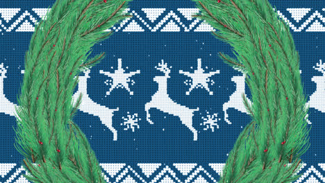 animación de la nieve cayendo sobre la decoración de la corona de navidad sobre fondo azul