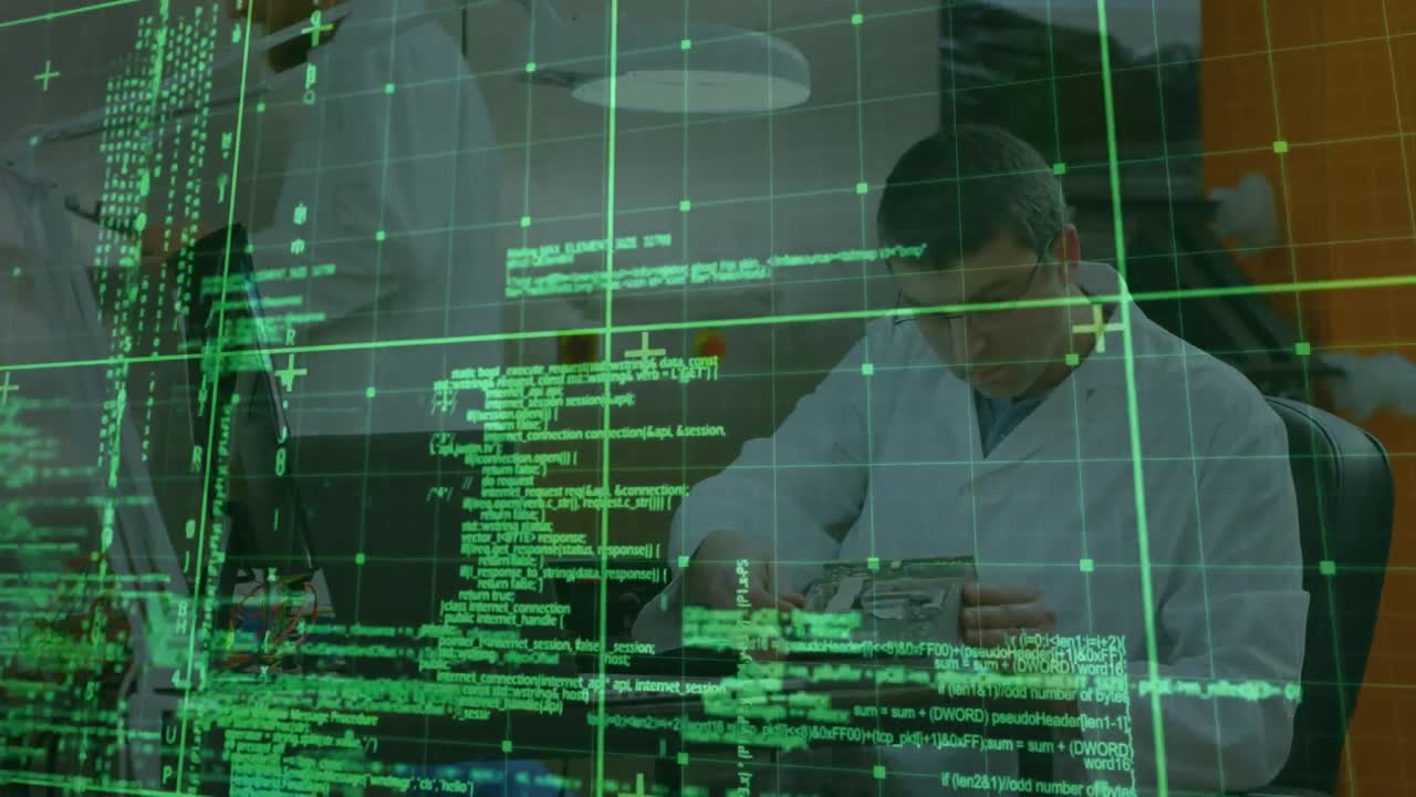 Animation of grid pattern and computer language over caucasian engineer repairing electric equipment