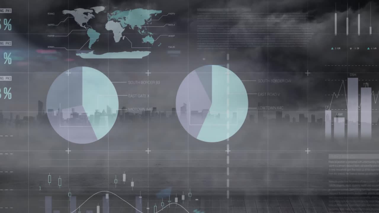 Animation av statistisk databehandling över rutnätverk mot flygvy av stadsbild