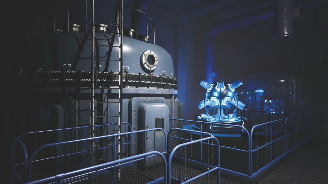 Industrial facility with futuristic blue lighting and advanced machinery