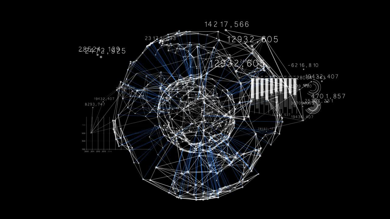 Beautiful 3d Animation of Global Business Network Rotating in Space with Numbers and Graphs. Business and Technology Concept. Looped Animation 4K UHD 3840x2160.