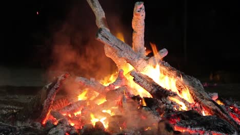closeup footage of burning campfire at night, glowing embers and crackling flames perfect for relaxation, camping, wilderness or cozy ambient scenes.