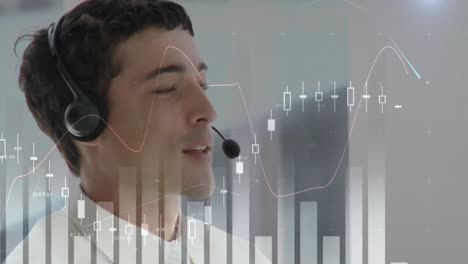 Animation-Der-Finanz--Und-Statistikdatenverarbeitung-über-Einem-Geschäftsmann-Mit-Telefon-Headset