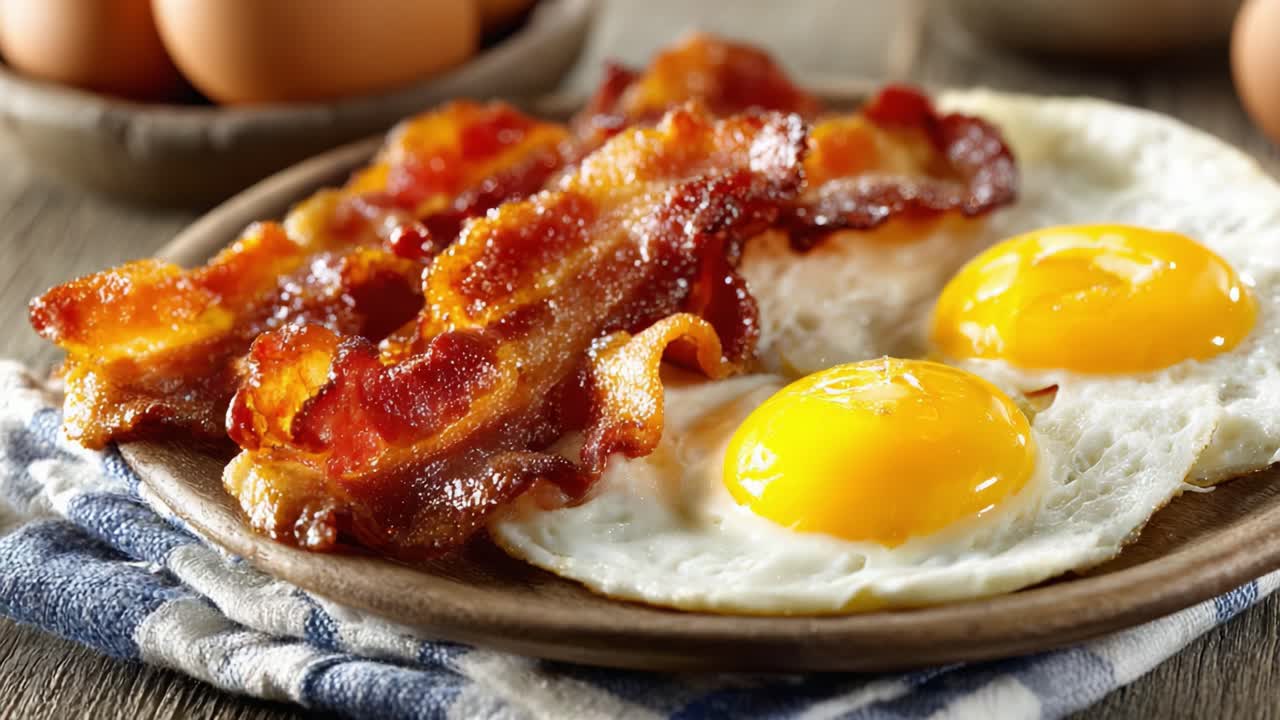 Delizioso piatto per la colazione con pancetta croccante e uova all'occhio di bue, impiattato alla perfezione con ingredienti freschi e in un'atmosfera rustica e calda.