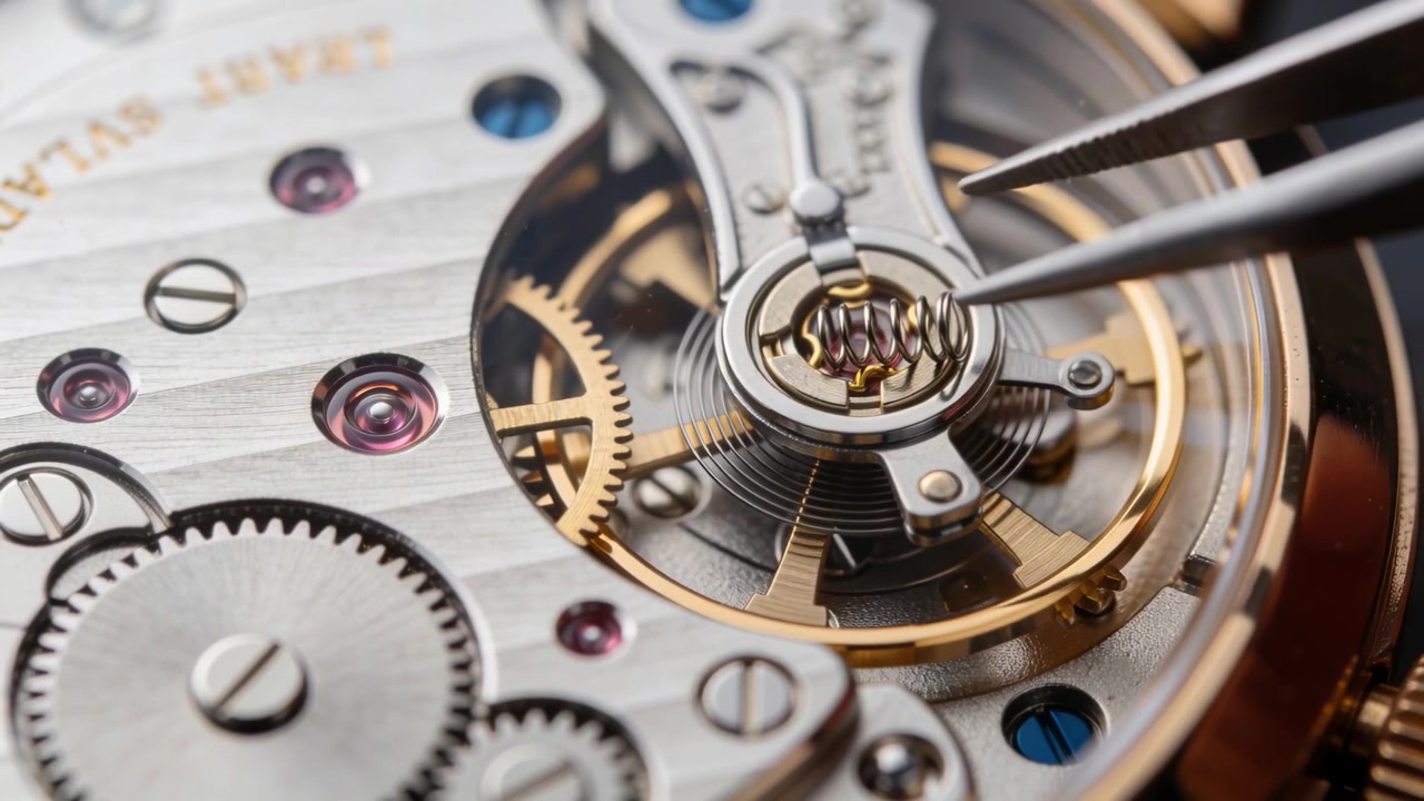 Entering upper right, fine tweezers nudging hairspring on movement at bench repositioning regulator