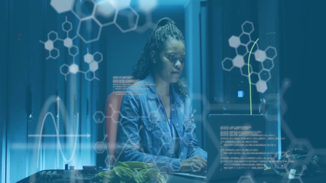 Animation of data processing over african american female server room worker using laptop
