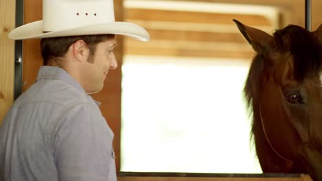 man petting a horse in a stable