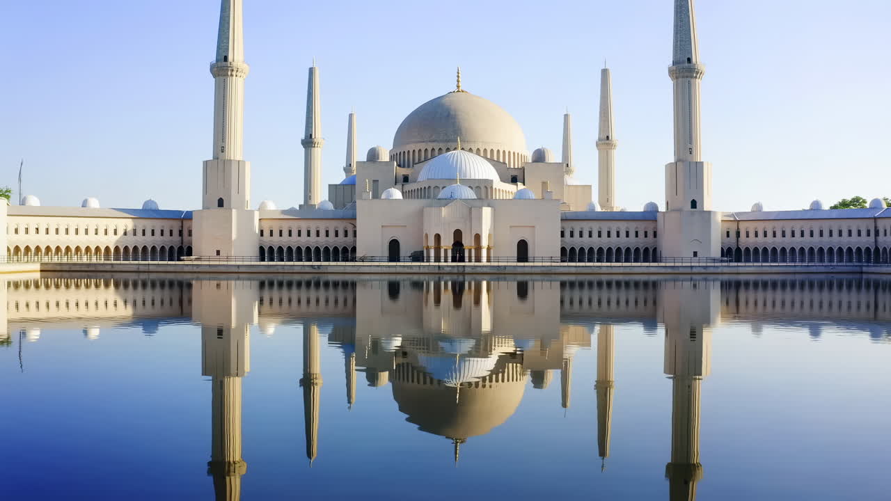 Grande Moschea con cupole e minareti riflessa in acqua calma
