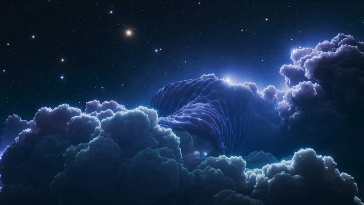 Dense cloud evolving under starry sky, backlight brightening and revealing wave-like ridge for VFX