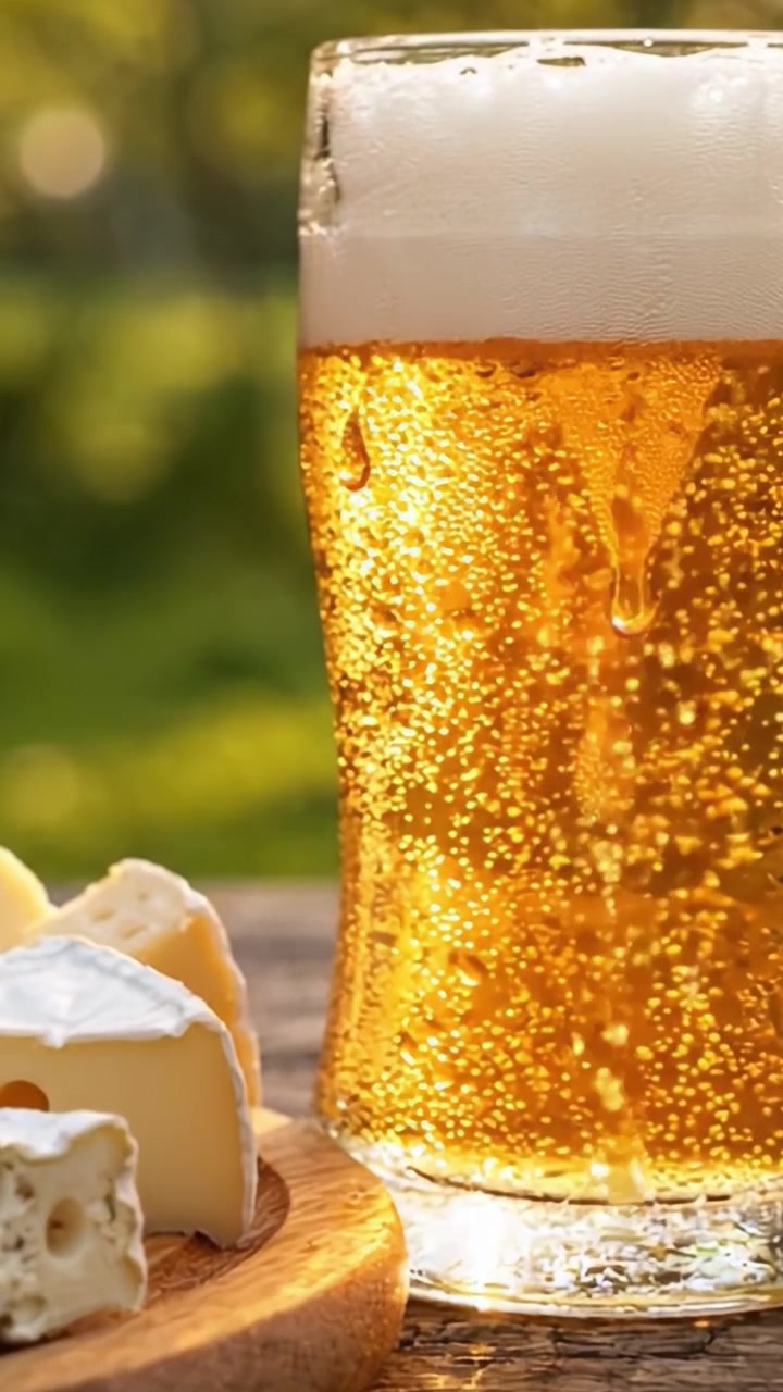 Uma Combinação Refrescante de Cerveja e Queijo Capturada sob a Luz do Sol, Mostrando a Arte do Prazer em um Ambiente ao Ar Livre com Bolhas e Textura