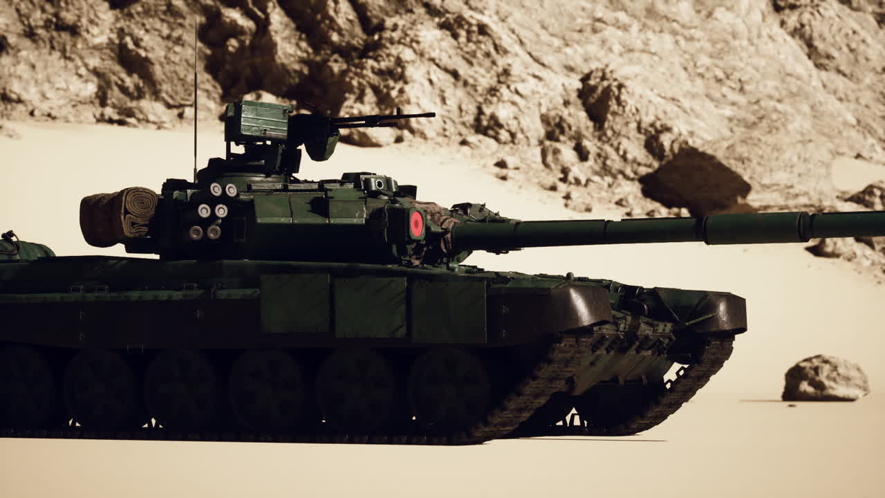 Un carro armato militare verde in un ambiente desertico