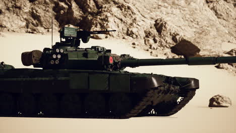 a green military tank in a desert setting