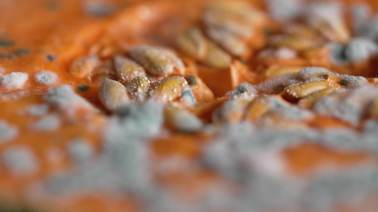 Close-up macro shot of spoiled melon seeds with fuzzy white and green mold colonies, food decay detail