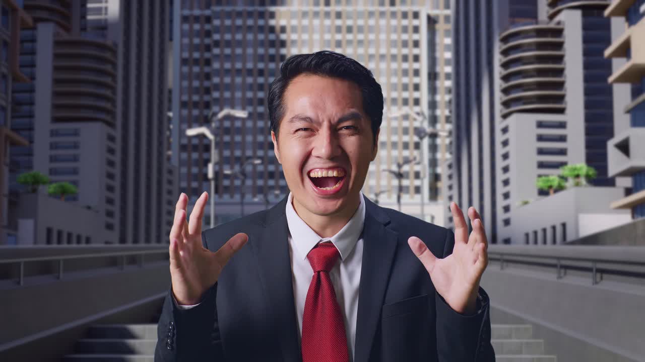 아시아 사업가 한 명 은 손바닥 을 들고 와우 라고 말 하고 도시 에서 미소 짓고 있다