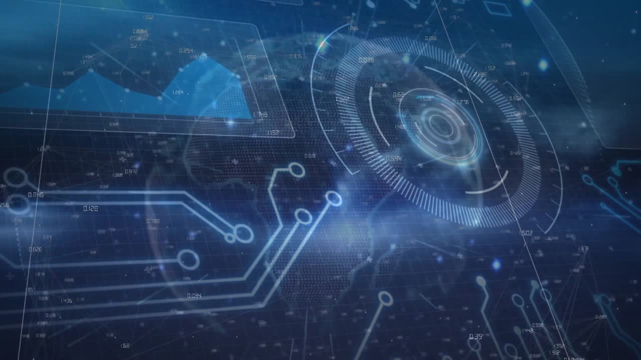 Sfondo blu scuro che rivela un globo wireframe rotante, circuiti HUD pulsanti che mostrano il flusso di dati