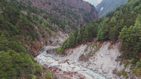 a crystal-clear river flows through the himalayas, surrounded by verdant mountain slopes, capturing the serene beauty and ecological richness of nepal’s high-altitude landscape.