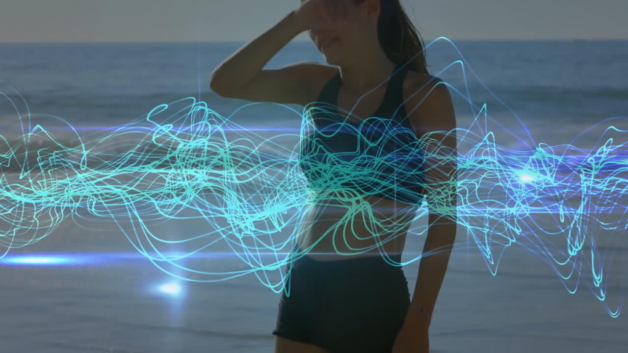 анимация синих линий над усталой кавказской женщиной, отдыхающей на пляже