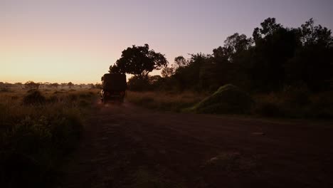 vehicle driving into the sunset, dark shot at dusk, adventure safari travel in maasai mara national reserve, kenya, africa safari tour in masai mara north conservancy