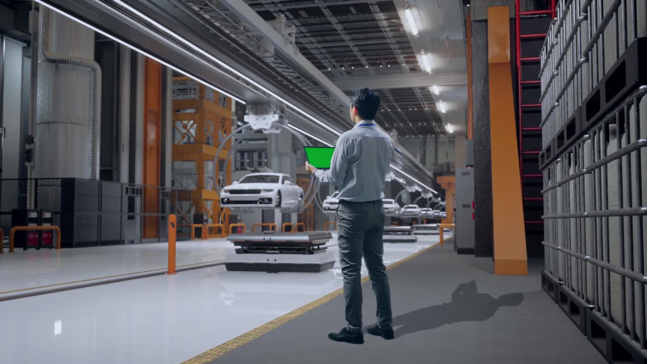 노트북으로 생산 라인을 모니터링하는 공장 노동자