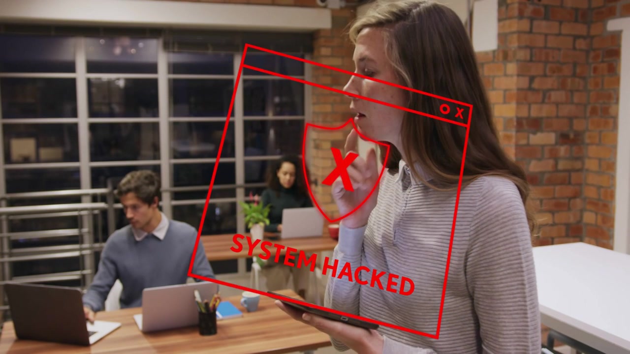 Woman reading tablet looking at screen causing red glitch overlay forming SYSTEM HACKED tech alert
