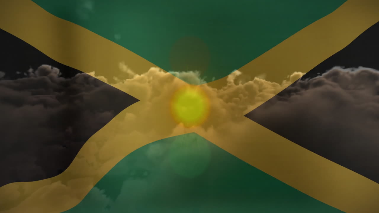 Jamaican flag with animation of dramatic clouds and glowing sun in background