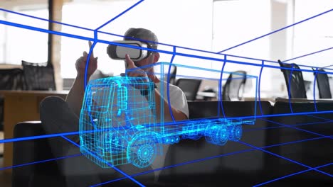 Animation-Einer-Digitalen-3D-Zeichnung-Eines-Autos-über-Einem-Mann-Mithilfe-Eines-VR-Headsets