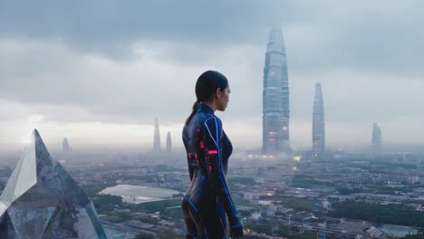 futuristic cityscape with cyberpunk woman