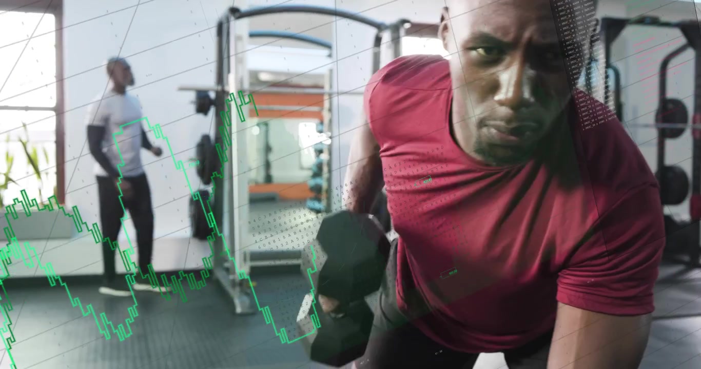 Man lifting dumbbell on bench, initiating row for fitness while green graph overlay tracking reps