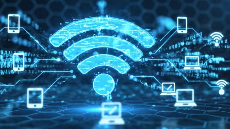 Una visualizzazione affascinante della connettività digitale, con un simbolo wireless futuristico tra dispositivi luminosi, su uno sfondo tecnologico esagonale ricco di dati