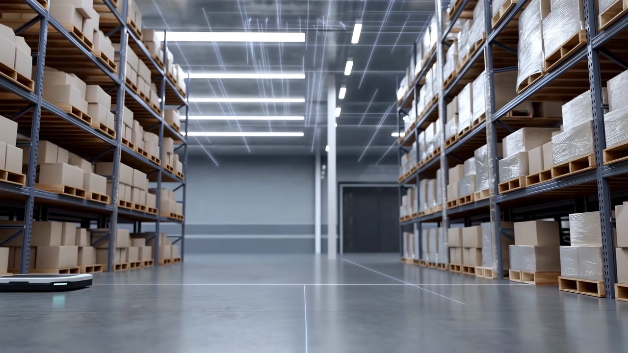 Autonomer Bodenroboter, der auf halbem Weg durch einen Lagergang unter LED-Rasterbeleuchtung navigiert und zeigt