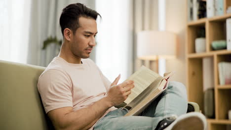 man reading a book on a sofa