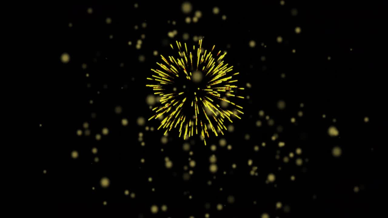Animation of glowing yellow spots with christmas and new year fireworks in night sky