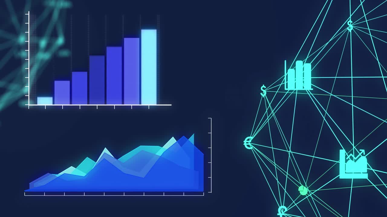 animación digital del procesamiento de datos estadísticos y globo de iconos digitales contra un fondo azul