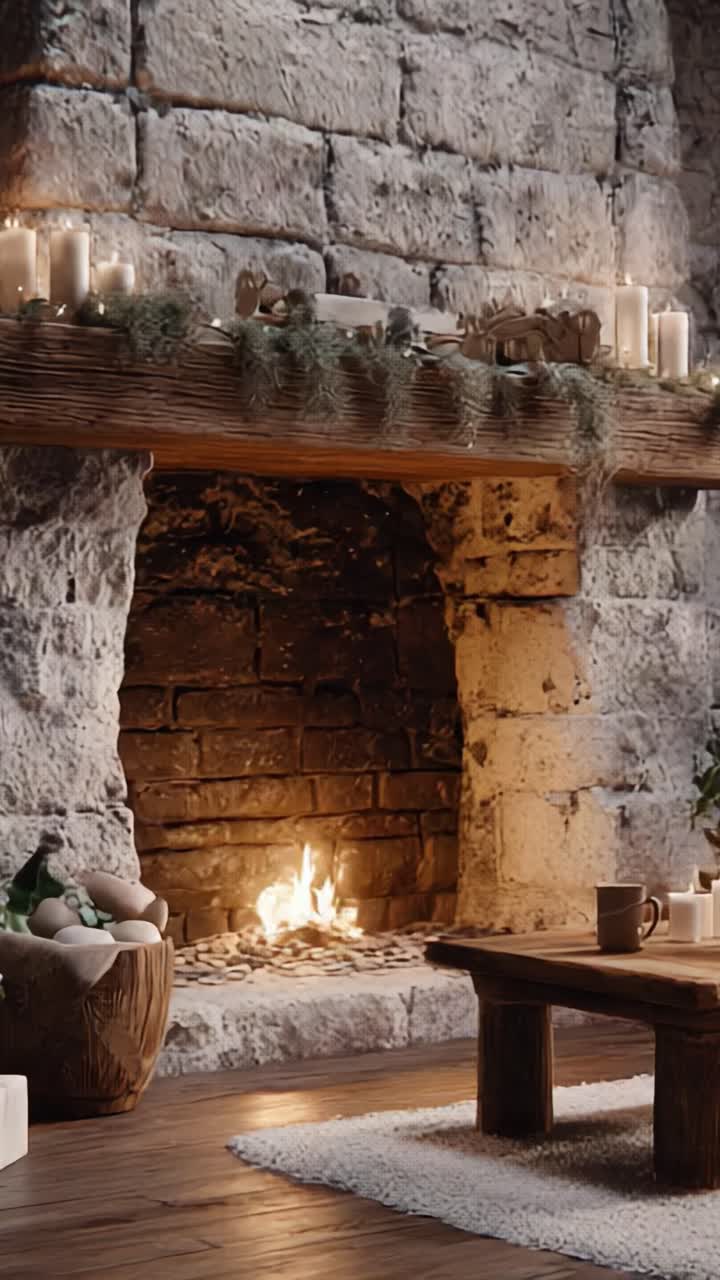 Un’accogliente scena invernale con un caminetto in pietra, fiamme tremolanti e la luce soffusa delle candele, perfetta per rilassarsi e per caldi incontri