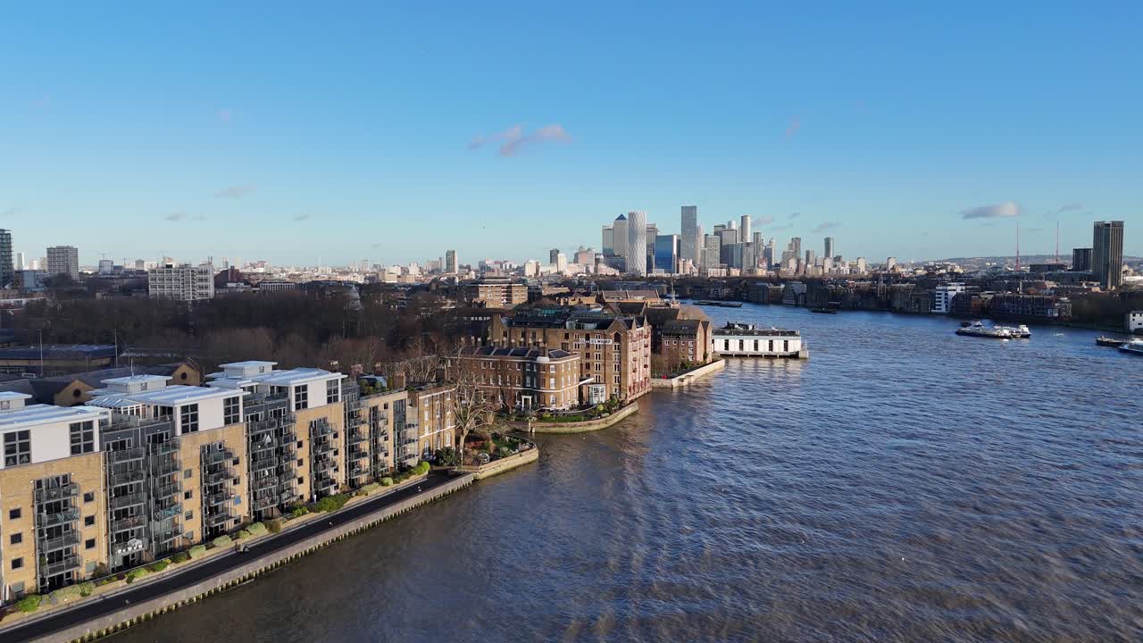 Riverside apartments overlooking Thames Wapping East London drone,aerial
