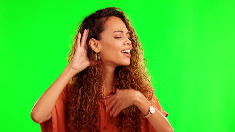 Girl,-listen-and-hand-by-ear-by-green-screen